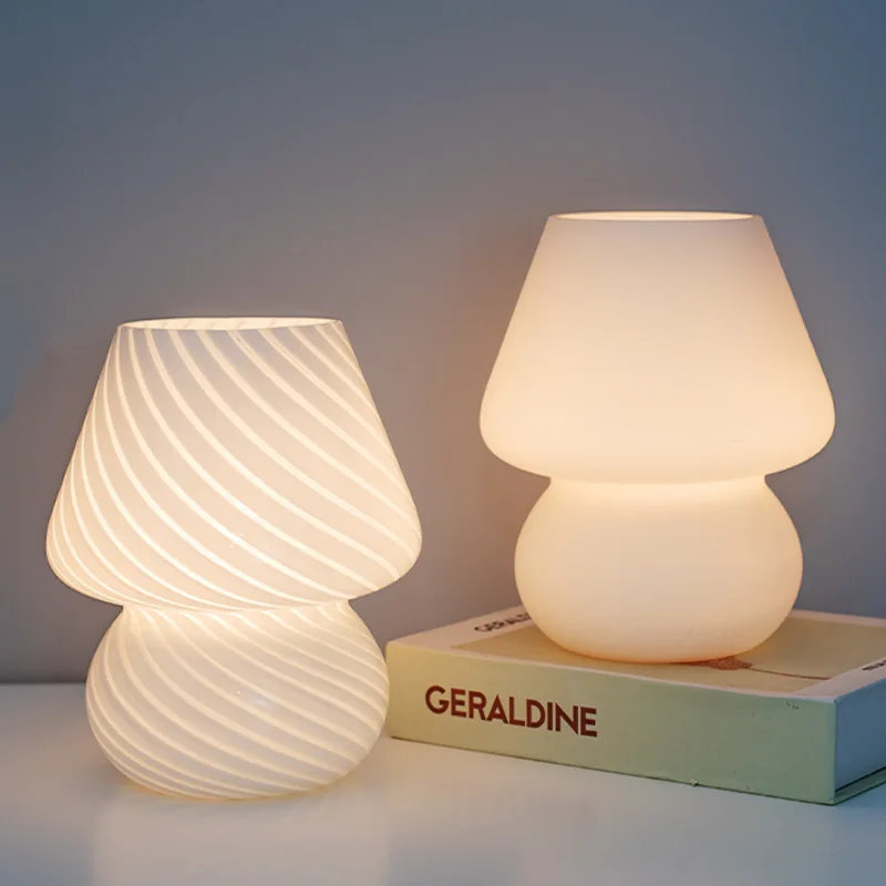 Glass LED Desk Lamp For Bedroom Bedside Korean Ins Style Striped Mushroo... - $47.00