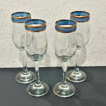 4 Champagne Flutes Blue Braided Band Clear Gold Rim MCM Mid Century Barware - $31.64