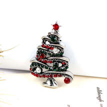 Red &amp; Green Cubic Zirconia Openwork Pavé Christmas Tree Brooch - £11.18 GBP