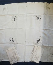 Tablecloth Vintage Bridge Cloth Beige Linen Embroidery/Cutwork + 4 Napkins - $20.00