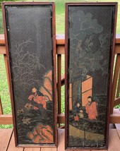 Pair Antique Chinese Lacquered Panels 19th Century Shanghai Carved Lacquer - $500.69