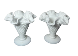 Fenton Hobnail Milk Glass Mini-Vase Ruffled Rim White Pedestal 4” Trumpet Vtg - $18.70