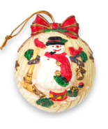 Vintage Christmas Tree Ball Ornament 3.5” Snowman &amp; Tree Design with Gol... - $4.00