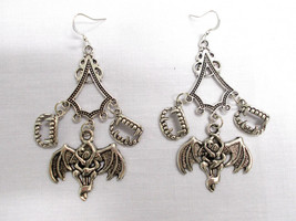 Long 4 Part Vampire Teeth W Demon &amp; Woman Focal Geo Top Drop Earrings 3&quot; - £7.95 GBP