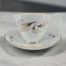 Marlborough Bone China Teacup &amp; Saucer Set 22K Gold Trim Purple and Gree... - $14.50