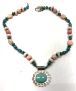 Turquoise Rose Quartz and Sterling Silver 22&quot; Mexico 925 Beaded Necklace - $458.89 MXN