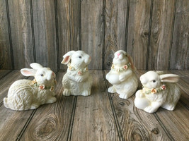 Set of 4 K&#39;s Collection Porcelain Bunny Rabbits with Flower Garland Collars - £35.83 GBP