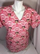 Betty Boop Women Pink Color Scrub Short Sleeve V-neck Size M  Patrerns Bin76#6 - £22.56 GBP