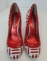 Naughty Monkey&#39;s Closet  Red &amp; White Patent Leather Woven Pattern Heels Sz 6.5 - £19.83 GBP