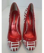 Naughty Monkey&#39;s Closet  Red &amp; White Patent Leather Woven Pattern Heels ... - £19.75 GBP