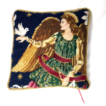 Needlepoint Christmas Holiday Pillow Angel w/Dove 9&quot; X 9&quot;  Red Navy Blue Gold - £17.22 GBP