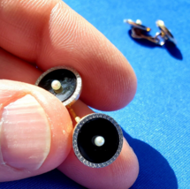 ELEGANT VINTAGE ART DECO 14K GOLD PLATINUM PEARL ONYX CUFF LINKS BUTTONS - $25,085.00 MXN