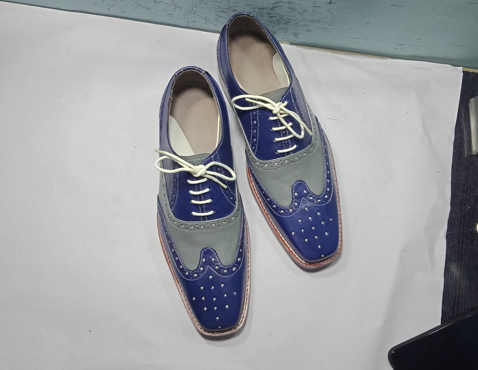 NEW Handmade Two Tone Navy Blue Gray Shoes, Men's Wingtip Lace Up Leather Suede