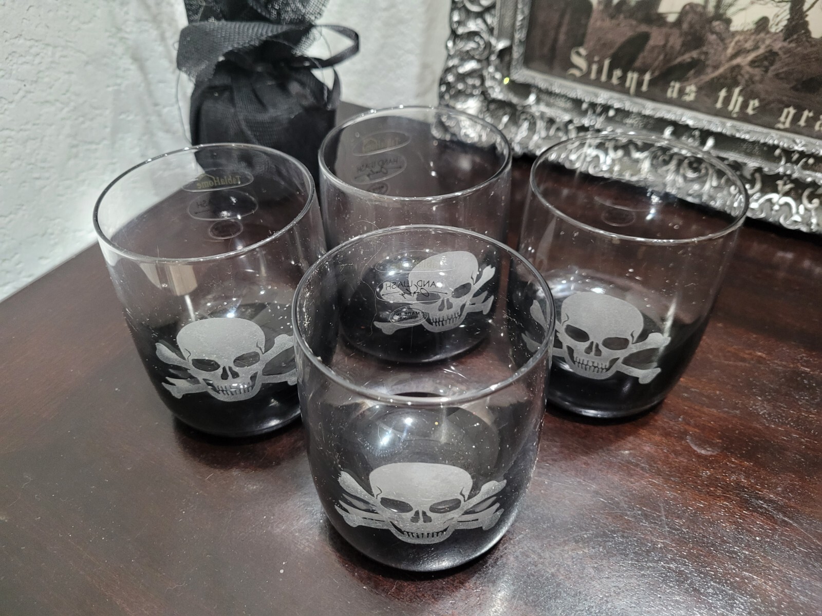 4pc Halloween Crossbones Skulls Black Clear Drinking Glasses Item image 4