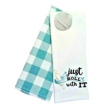 Just Roll with It Rolling Pin 2 Kitchen Towels Farmhouse White Teal Plai... - $16.93