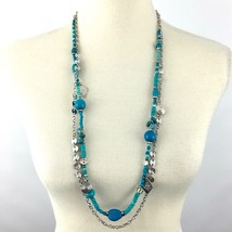 NEW YORK &amp; CO blue &amp; silver multistrand necklace - NEW wood stone metal 34&quot; long - $7.79