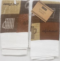 Set Of 2 Same Printed Cotton Terry Towels (15&quot;x25&quot;) Coffee Types Squares, Kq - £8.69 GBP