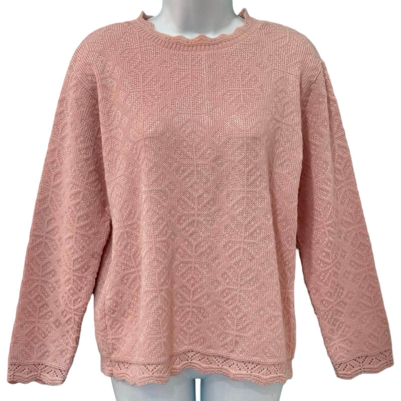 Vintage 90s Pink Scalloped Hem Snowflake Knit Grandmacore Sweater size S - £18.78 GBP