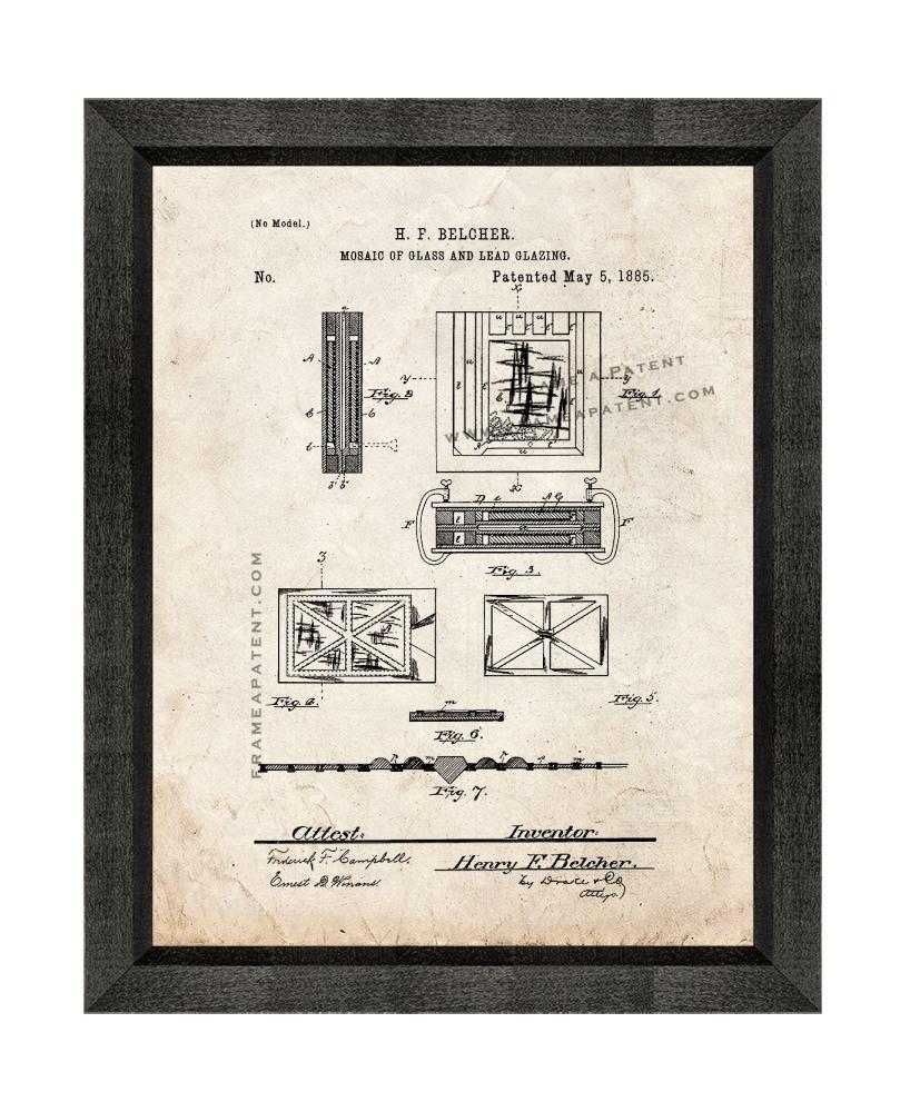 Mosaic Of Glass And Lead Glazing Patent Print Old Look with Beveled Wood Frame