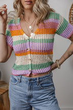 Orange Colorblock Striped Pointelle Knit V Neck Buttoned Crop Short Slee... - $262.80 MXN