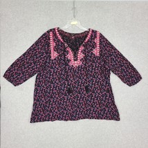 Lucky Brand Women&#39;s 3/4 Sleeve Shirt Hippie Boho Black Floral 3X Tassel - £12.07 GBP