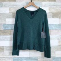 Cynthia Rowley V Neck Wool Blend Sweater Green Ribbed Soft Stretchy Womens Small - £27.34 GBP
