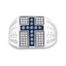 Sterling Silver Mens Round Blue Color Enhanced Diamond Cross Religious Ring - £239.12 GBP