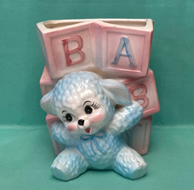 Vintage Lefton ceramic planter blue lamb and baby blocks nursery theme decor - £6.43 GBP