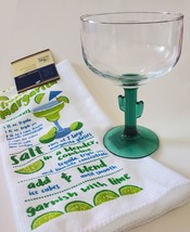 Margarita Glass and Kitchen Towel, Green Cactus Stem 16oz Drinks Recipe Gift image 2