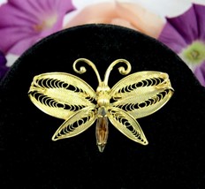 Butterfly Brooch Vintage Pin Rootbeer Brown Navette Rhinestone Goldtone Filigree - £10.34 GBP