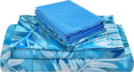 Turquoise Blue Leaves Print Sheet Set King Size, 6 Piece Botanical Pattern - $60.38