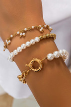 Gold 3pcs Pearl Pleated Alloy Beaded Bracelet Set - $10.84