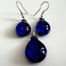 Murano Glass Handmade Glitter Navy &amp; 925 Sterling Silver Necklace &amp; Earrings Set - $56.01