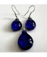 Murano Glass Handmade Glitter Navy &amp; 925 Sterling Silver Necklace &amp; Earr... - $56.01