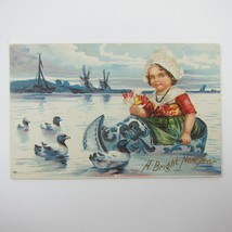 Postcard New Years Dutch Girl Sails Wooden Shoe Windmills Swimming Ducks Antique - £20.14 GBP