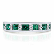 1 Cttw Emerald &amp; Natural Diamond Anniversary Band Ring 10K White Gold Finish - £74.96 GBP