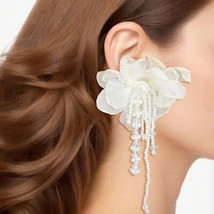 Drop Cream Fabric Flower Pearl Earrings for Women - £18.20 GBP