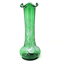 Hand Blown Moser Snow Glass Vase Emerald Hand Painted Enamel Ruffle Top VTG - £23.71 GBP