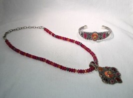 Carolyn Pollack Sterling Spiny Oyster Coral Amber Necklace Bracelet Set K1314 - $439.56