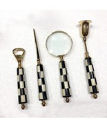 Set of 4 Decorative Brass Checker Magnifying Glass Wine Bottle &amp; Letter ... - £42.76 GBP