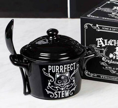 Wicca Purrfect Stew Pentagram Moon Cat Fine Bone China Bowl With Spoon And Lid - £28.98 GBP