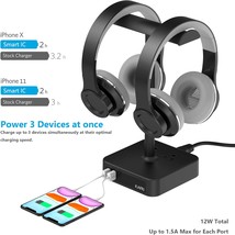 Dual Headphone Stand with USB Charger Desk Gaming Double Headset Holder Hanger R - £32.25 GBP
