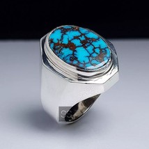 Tibetan Turquoise Natural Stone Men Heavy Silver Ring Oval Cabochon Arabic Ring - $149.59