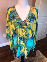 NWOT DASLU Brazil Tunic Silk Paisley Print Yellow Turquoise Hand Beading SZ 40/8 - $173.25