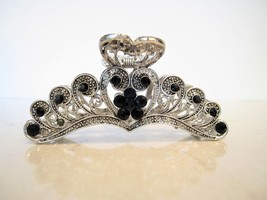 Silver metal flower crystal hair claw clip bridal clip medium/fine hair - £10.24 GBP