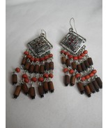 Costume dangle Earrings Ethnic Silver red wood 3 inch drop - $8.80