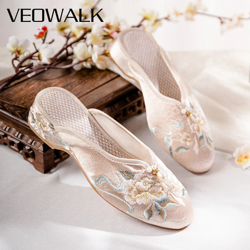 Cotton embroidered pointy toe flat mules slippers with pearls summer home outside retro thumb200
