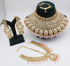 Gold Plated Bollywood Style Indian Kundan Necklace Nose Ring Pink Jewelry Set - £67.55 GBP