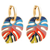 Boho Rainbow Color Leafs Feather Pendants Small Circle Hoop Earrings for Women F - £10.50 GBP