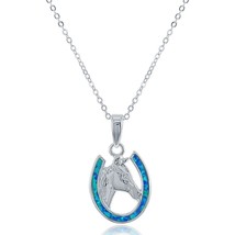 Sterling Silver Blue Inlay Opal Horseshoe with Center Horse Pendant - £37.85 GBP